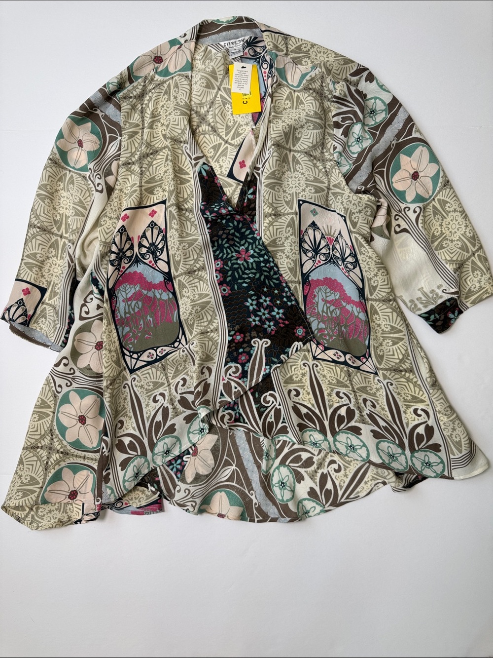 CITRON NWT Asymmetrical Open-Front Kimono 100% Silk Abstract Floral Patterned 1X